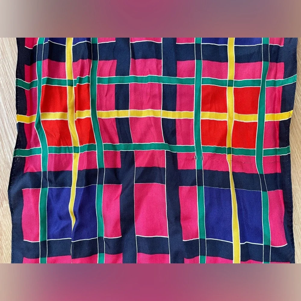 Preppy Plaid scarf colorful rectangular silk feel bright pink blue yellow
